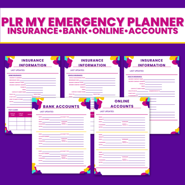 PLR My Emergency Planner- insurance, bank and online account information