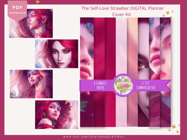 DIGITAL Planner COVER KIT | Self-Love Strawberry Cover Kit : 4 Designs - Covers, Papers, Coils, Buttons, Clasps, Mix & Match Commercial Use - Image 5