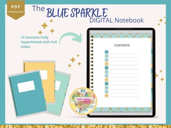 DIGITAL NOTEBOOK, Goodnotes, Notability, Xodo Digital Notebook, iPad Notebook, Blue Sparkle GRID Design, 12 Sections - 10 Paper Types - Image 6
