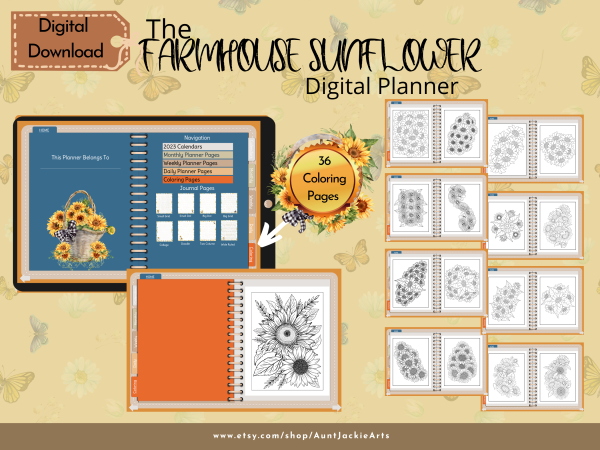 2023 Dated Undated Digital PLANNER, Farmhouse Sunflower Daily, Weekly, Monthly, Coloring, Digital Sticker, Sticker book, Journal Pages, Letter - Image 5