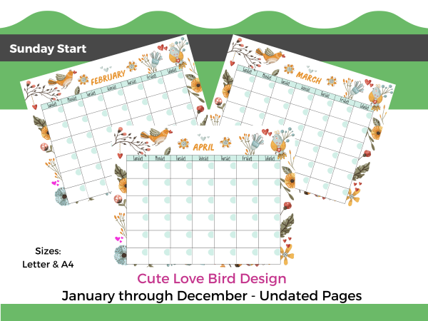 Undated Printable Monthly Calendar in Cute Love Bird Design - Image 5