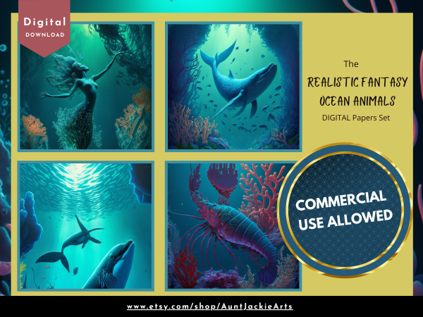 DIGITAL PAPER Bundle - Set 003 - Realistic Fantasy Ocean Animals - Papers Pack 12 - 12x12 - jpg png - 5000px Abstract - Image 5