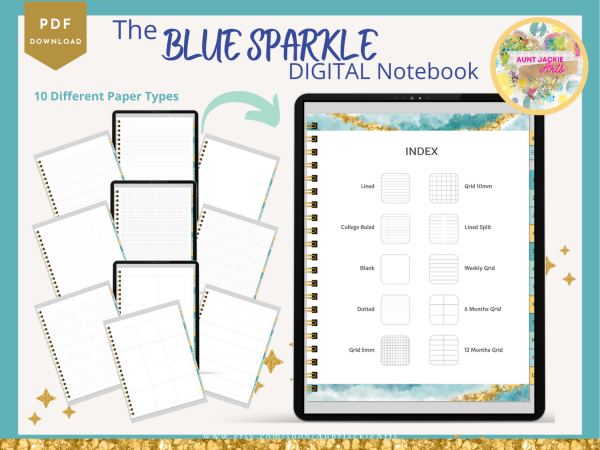 DIGITAL NOTEBOOK, Goodnotes, Notability, Xodo Digital Notebook, iPad Notebook, Blue Sparkle Digital Notebook, 12 Sections - 10 Paper Types - Image 6