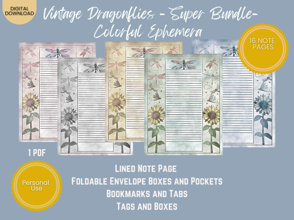 PRINTABLE EPHEMERA - Vintage Dragonflies - Super Bundle - Colorful Ephemera - Tags, Postcard, Envelope, Bookmarks, Lined, Notes, Tabs, Pockets US Letter Download - Image 6
