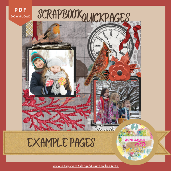 DIGITAL SCRAPBOOK Page - Winter Red Bird Digital Scrapbook Layout - Pre-Made Shabby Vintage Quick Page Layout, Pack 4 - jpg png 12 x 12 - Image 2