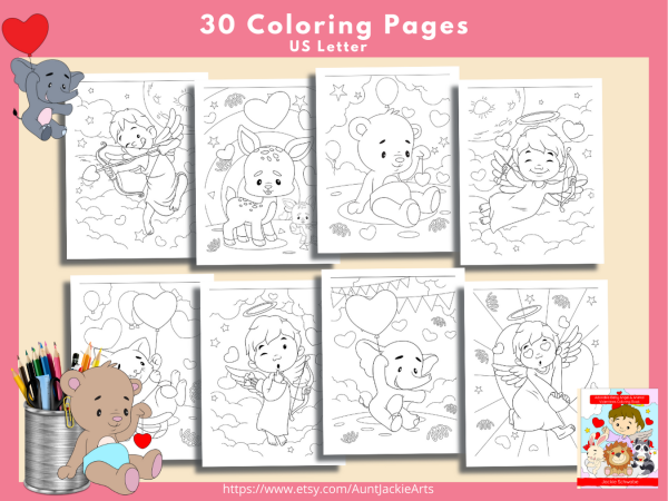 PRINTABLE COLORING Pages | Adorable Baby Angel and Animal Valentines Coloring Pages, 34 Pages, US Letter Coloring Book, 34 Pages Letter - Image 6