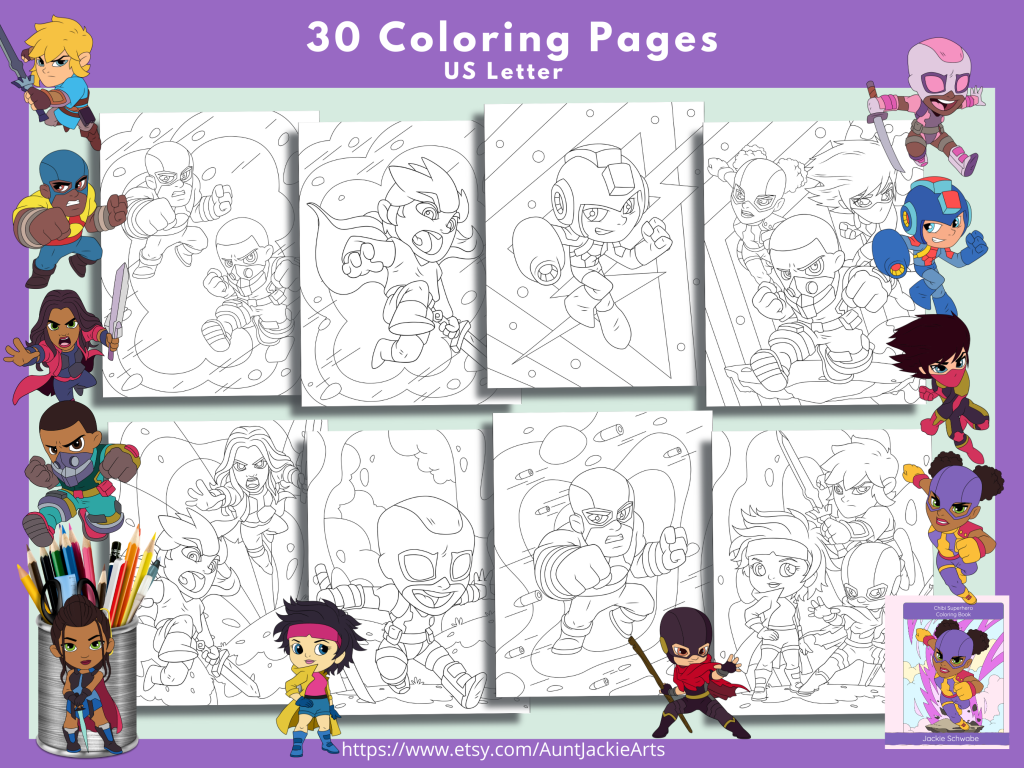 PRINTABLE COLORING Pages Chibi Superhero Coloring Book, 34 Pages