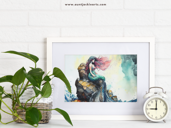 Digital WALL ART - Pretty Watercolor Mermaid on a Rock in the Ocean - pdf, jpg - 5 Aspect Ratios / Sizes - Bonuses - Image 6