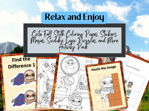 Cute Fall Sloth Coloring Pages, Stickers, Mazes, Sudoku Logic Puzzles, and More Activity Pack for All Ages, Find the Words, Odd Man Out