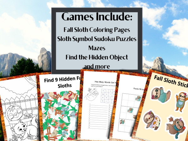 Cute Fall Sloth Coloring Pages, Stickers, Mazes, Sudoku Logic Puzzles, and More Activity Pack for All Ages, Find the Words, Odd Man Out - Image 2