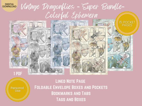 PRINTABLE EPHEMERA - Vintage Dragonflies - Super Bundle - Colorful Ephemera - Tags, Postcard, Envelope, Bookmarks, Lined, Notes, Tabs, Pockets US Letter Download - Image 7