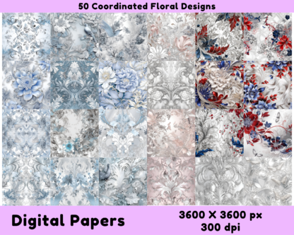 50+ Floral Digital Papers - Blue, Pink, White, and Americana - Image 2