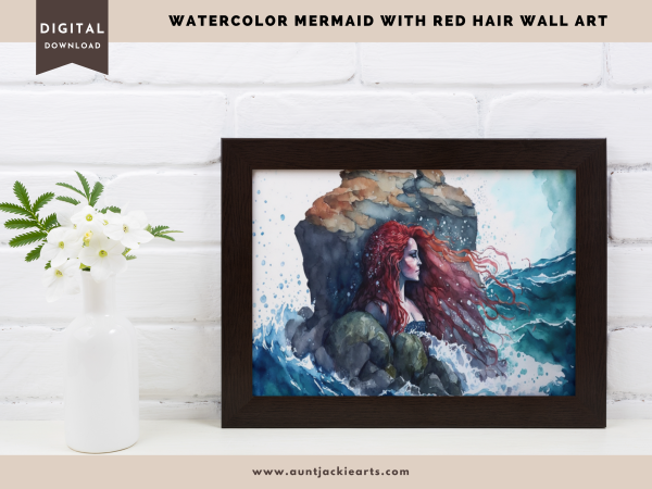 Digital WALL ART - Pretty Red-Headed Watercolor Mermaid on a Rock in the Ocean - pdf, jpg - 5 Aspect Ratios / Sizes - Bonuses