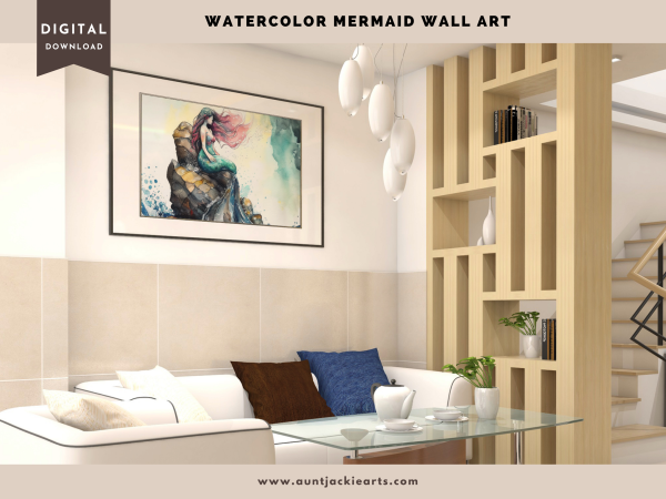 Digital WALL ART - Pretty Watercolor Mermaid on a Rock in the Ocean - pdf, jpg - 5 Aspect Ratios / Sizes - Bonuses - Image 7