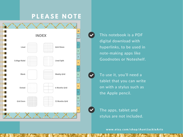 DIGITAL NOTEBOOK, Goodnotes, Notability, Xodo Digital Notebook, iPad Notebook, Blue Sparkle GRID Design, 12 Sections - 10 Paper Types - Image 9