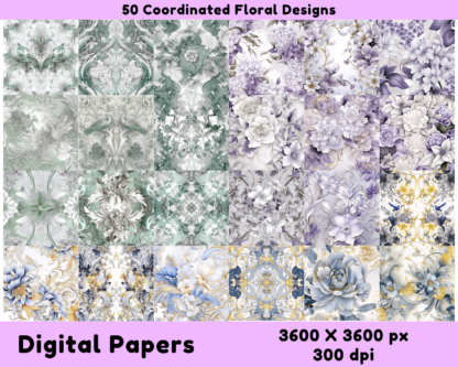 50+ Floral Digital Papers - Blue & Gold, Green, and Purple Floral Patterns - Image 4
