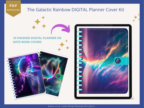 DIGITAL Planner COVER KIT Bundle | Galactic Rainbow Collection: 10 Designs - Covers, Papers, Coils, Buttons, Clasps, Mix & Match Commercial - Image 9