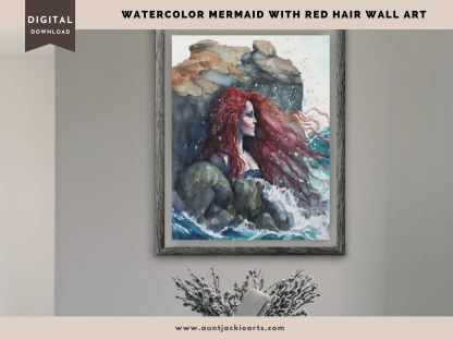 Digital WALL ART - Pretty Red-Headed Watercolor Mermaid on a Rock in the Ocean - pdf, jpg - 5 Aspect Ratios / Sizes - Bonuses - Image 9