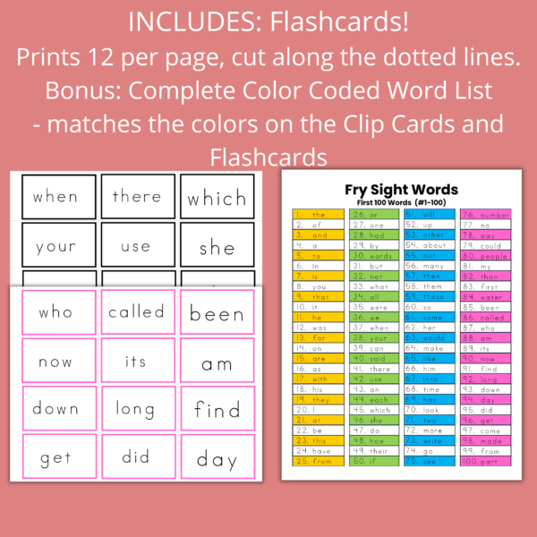 Includes color coded flashcards and a word list