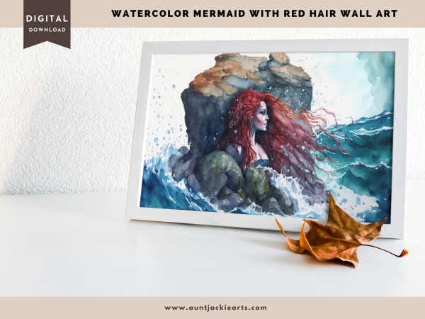 Digital WALL ART - Pretty Red-Headed Watercolor Mermaid on a Rock in the Ocean - pdf, jpg - 5 Aspect Ratios / Sizes - Bonuses - Image 10