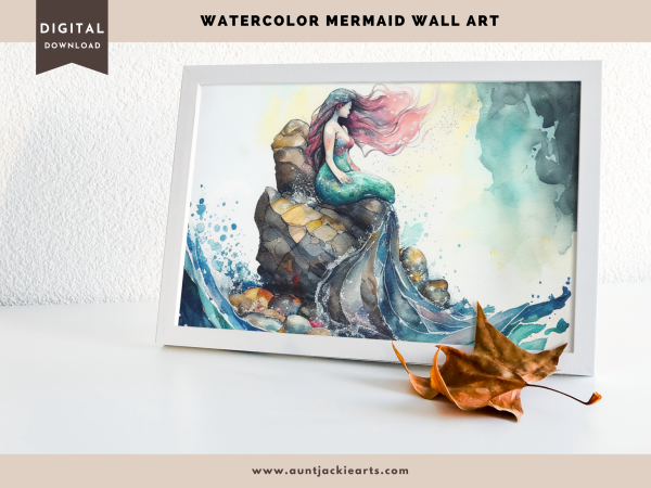 Digital WALL ART - Pretty Watercolor Mermaid on a Rock in the Ocean - pdf, jpg - 5 Aspect Ratios / Sizes - Bonuses - Image 9