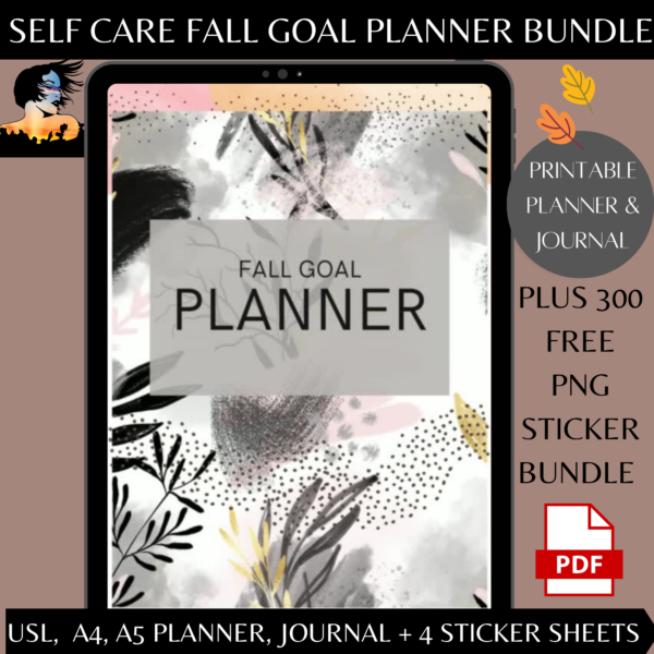 Aesthetic Journal Daily Prompts Fall Goal Bujo Style Self-Care Planner and Sticker Bundle in US Letter, A4 and A5
