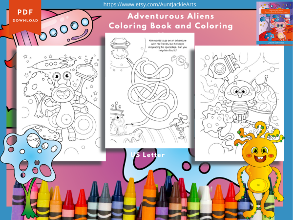 PRINTABLE COLORING Pages | Adventurous Aliens Coloring Pages and Mazes, 30 Coloring, 10 Mazes, US Letter Coloring Book, 45 Pages, Aliens - Image 3
