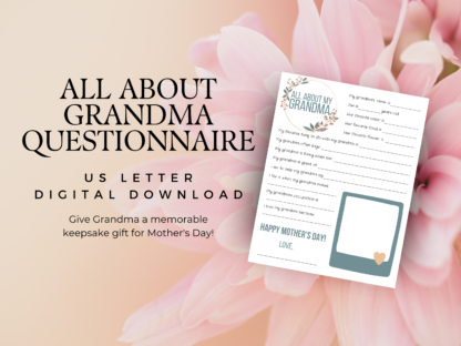 All About Grandma Questionnaire Blue Floral, Mother's Day Printable Gift for Grandma