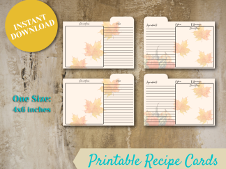 Autumn Recipe Cards - Printable Recipe Cards, Fall Themed 4x6 inches, Top Tab