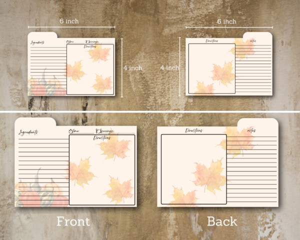 autumn recipe card digital download printablewith top tabs