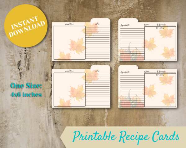 autumn recipe card digital download printablewith top tabs