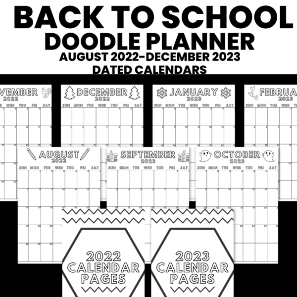 PLR Back to School Doodle Planner dated calendar templates Aug 2022-Dec 2023