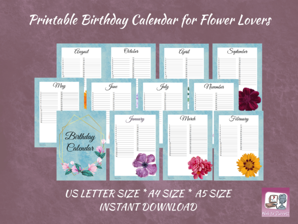 Perpetual Printable Birthday Calendar - Flower vibes