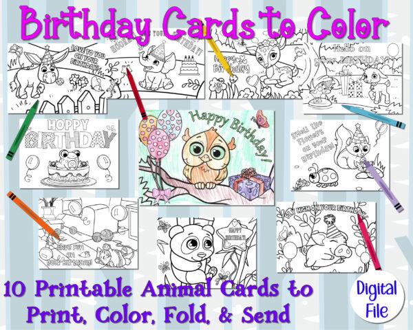 Birthday Printable Cards - 10 Coloring Animal Cards for Kids to Color - Cute Happy Birthday Cards - DIY Color Your Own Unique Cards