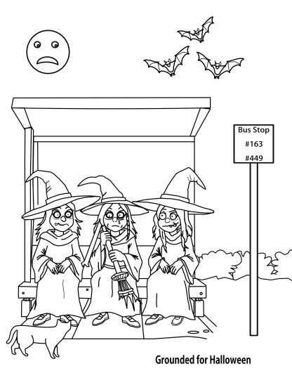 3 young witches sitting at a bus stop, holding a broken broomstick