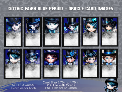 Gothic Fantasy Blue Oracle Card Template, Affirmations, Oracle, Lunchbox Notes Card Template, 12 Cards, PDF, PNG