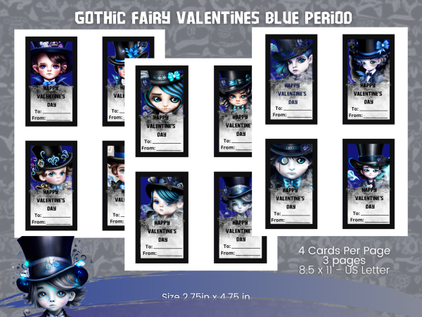 PRINTABLE Valentine's Day Cards - Valentines Gothic Fairy Blue Period - 2.5 x 3.5 | All Boy Characters - PDF US Letter - 12 Cards - Image 2