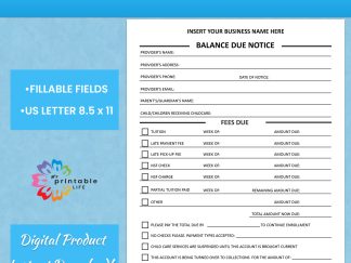 BALANCE DUE NOTICE Form Daycare or Child Care Printable, Childcare Template, Instant Download, Digital File, Fillable Fields