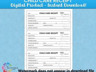 Child Care Receipt Form Daycare Printable, Childcare Payments, Instant Download, Digital File, Fillable and Print Then Write