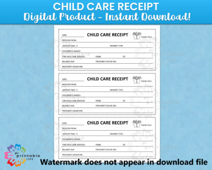 Child Care Receipt Form Daycare Printable, Childcare Payments, Instant Download, Digital File, Fillable and Print Then Write