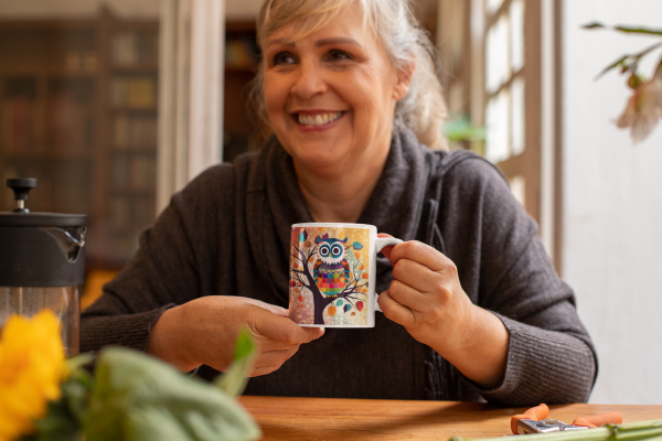 Welcome to our stunning forest collection of coffee mugs! This 11oz coffee mug features a colorful owl perched on a tree branch in a peaceful forest setting, making it the perfect addition to any nature lover's collection. Our mugs are made with high-quality ceramic materials that are both durable and dishwasher safe, ensuring that your owl mug will last for years to come. The vivid colors of the design are sure to stand out, making it a great conversation starter with friends and family over a hot cup of coffee or tea. This owl mug is just one of the many designs we offer in our forest collection, which includes a variety of beautiful creatures and landscapes found in the great outdoors. Whether you're an avid hiker, or birdwatcher, or simply appreciate the natural beauty of the world around us, our collection has something for everyone. Our mugs make the perfect gift for any occasion, from birthdays to holidays, and are suitable for nature lovers of all ages. And with our fast and reliable shipping, you can enjoy your new owl mug in no time! So why wait? Add this beautiful owl mug to your collection today and enjoy the serenity of the forest every time you take a sip. And don't forget to check out our other forest-themed products to complete your collection! Warm-up with a nice cuppa out of this customized ceramic coffee mug. Personalize it with cool designs, photos or logos to make that "aaahhh!" moment even better. It’s BPA and Lead-free, microwave & dishwasher-safe, and made of white, durable ceramic in 11-ounce size. Thanks to the advanced printing tech, your designs come to life with incredibly vivid colors – the perfect gift for coffee, tea, and chocolate lovers. .: White ceramic .: 11 oz (0.33 l) .: Rounded corners .: C-handle .: Lead and BPA-free