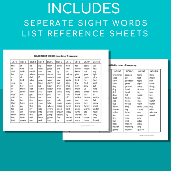 display of sight word reference lists