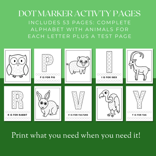 example pages from dot marker alphabet worksheets
