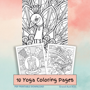 This image shows three samples of pages in "10 Yoga Coloring Pages." Each page has an extraordinarily beautiful picture to color as well as a motivational quote to encourage you in your yoga journey. The first sample is a picture of a peacock, the second is a picture of a candle, and the third is a side profile of a woman with hair being blown back by the wind.