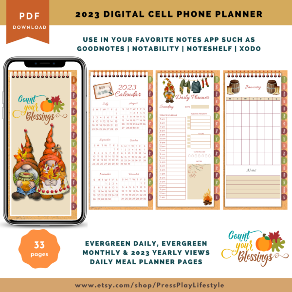 2023 Gnome Autumn DIGITAL PHONE Planner - HyperLinked Monthly Daily Meal Planner Notes - 33 Pages - GoodNotes, Noteshelf, Xodo, Notability