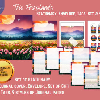 COMMERCIAL Use Printable Journal Cover, Tags, 9 Styles of Journal Pages - Trio Fairyland - Set #003 - US Letter - Digital Download for PLR