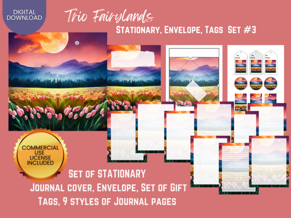 COMMERCIAL Use Printable Journal Cover, Tags, 9 Styles of Journal Pages - Trio Fairyland - Set #003 - US Letter - Digital Download for PLR