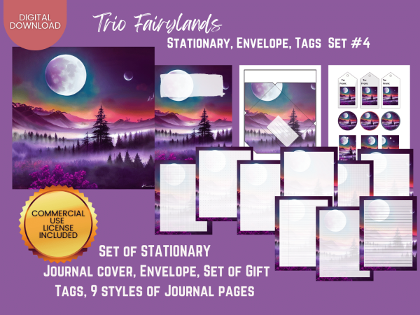 COMMERCIAL Use Printable Journal Cover, Tags, 9 Styles of Journal Pages - Trio Fairyland - Set #004 - US Letter - Digital Download for PLR