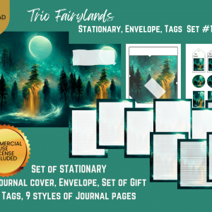 Trio Fairylands Stationary, Journal Cover, Envelope, Tags Set #1 Set of STATIONARY: Journal Cover, Envelope, Set of Gift Tags, 9 styles of Journal pages This beautiful fairyland landscape in dark greens with a huge moon was inspired by AI. The generated image was refreshed and then put into a journal cover, envelope cover, a set of gift tags, and nine different journal pages. The file is a PDF download file. It takes you to google drive to download the files. The colors are all vivid and this image is lovely for those that like fantasy art.