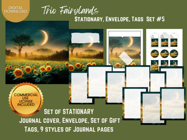 COMMERCIAL Use Printable Journal Cover, Tags, 9 Styles of Journal Pages - Trio Fairyland - Set #005 - US Letter - Digital Download for PLR